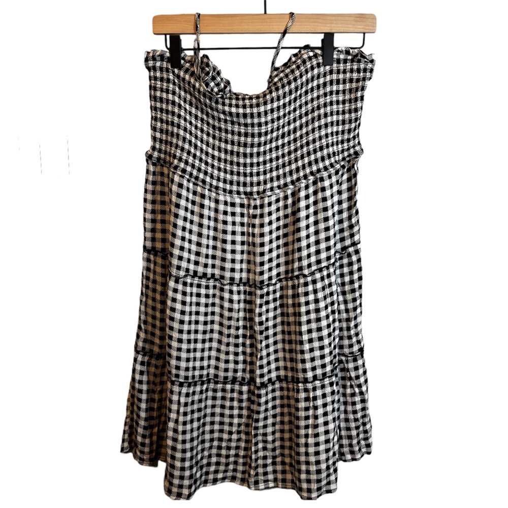 Hippie Rose Black White Gingham Tiered Spaghetti Strap Smocked shirt